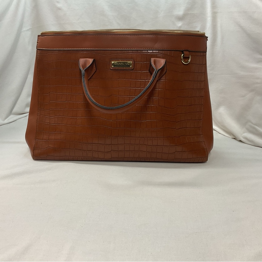 London Fog Embossed Mahogany‎ Brown Satchel Crocodile Print, Double Handle